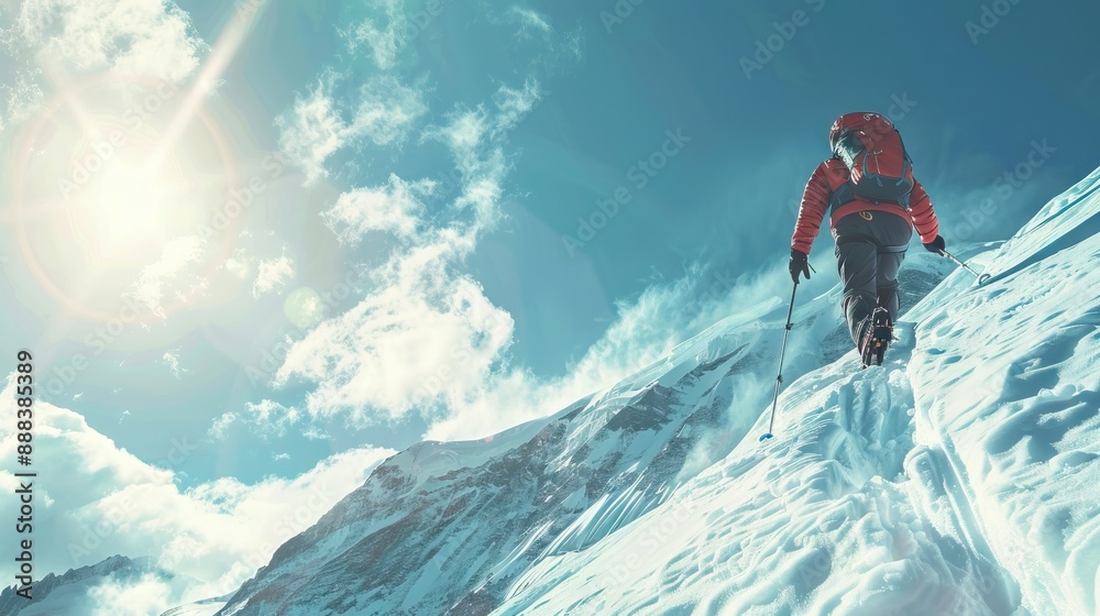 Mountaineer climbs snowfield on a sunny day high on a mountain. Mountaineer climbs snowfield on a sunny day high on a mountain.