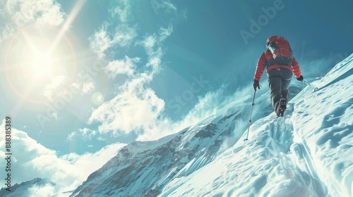 Mountaineer climbs snowfield on a sunny day high on a mountain.