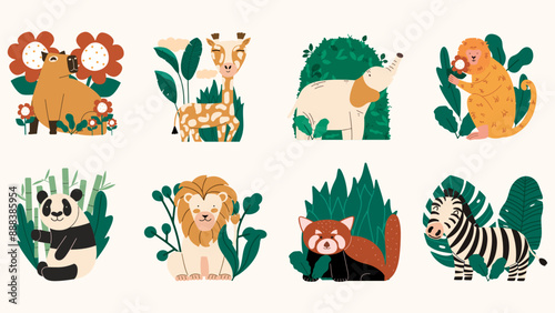 Cute set with different baby cartoon animals. Vector hand draw illustration with funny lion, panda, monkey, giraffe, capybara, zebra. 