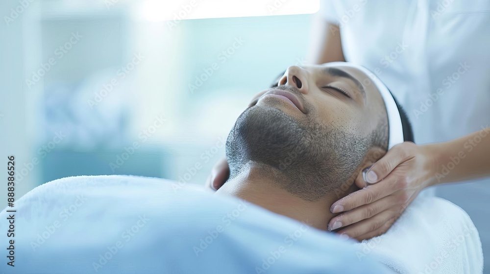 A man enjoying a relaxing facial massage at a spa. Blissful moment of self-care and relaxation in a comfortable, peaceful setting. A man enjoying a relaxing facial massage at a spa. Blissful moment of self-care and relaxation in a comfortable, peaceful setting.