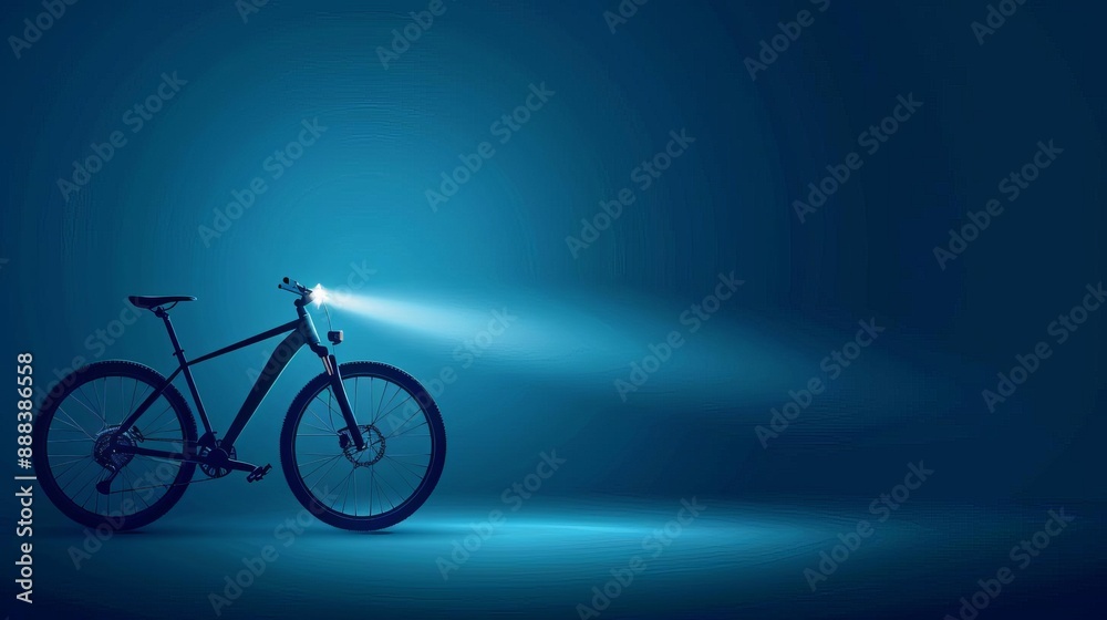 Obraz premium A minimalist photo of a bicycle with a bright headlight, casting a beam in a dark, blue-toned background, emphasizing solitude and adventure.