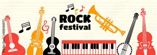 Horizontal banner for a rock music festival. Graphic design for a concert, musicians' performance. Vector illustration