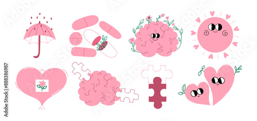 Conceptual stickers about mental health. Icons about psychological health,  the treatment of consciousness and soul set. Medical elements with cartoon brain, heart, sun. Vector illustration.
