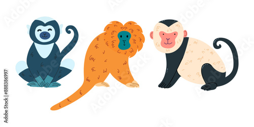 Set of cute baby monkeys on isolated white background. Hand draw adorable animals.