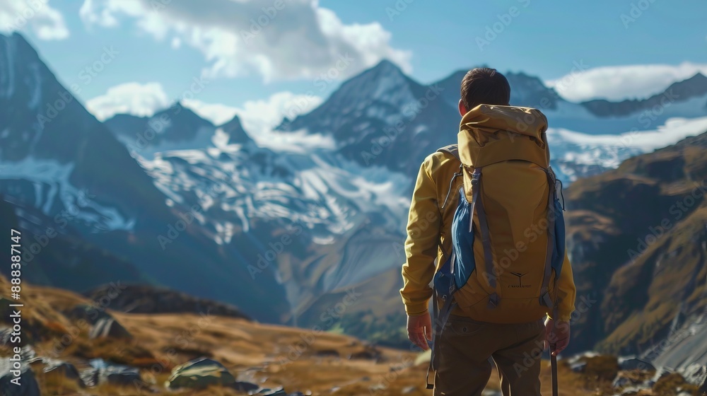 Young man hiking mountains on sunny day Sport inspiration. Young man hiking mountains on sunny day Sport inspiration.