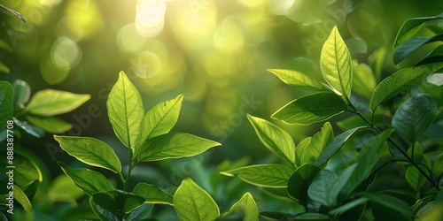 Closeup of fresh vibrant green leaves with blurred background and sunlight peeking through