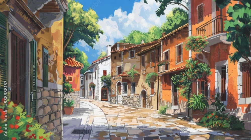 Naklejka premium Wide view of a charming village street.