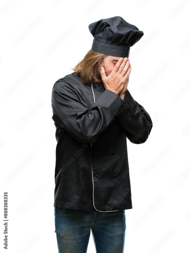 Young handsome cook man with long hair over isolated background with sad expression covering face with hands while crying. Depression concept. Young handsome cook man with long hair over isolated background with sad expression covering face with hands while crying. Depression concept.
