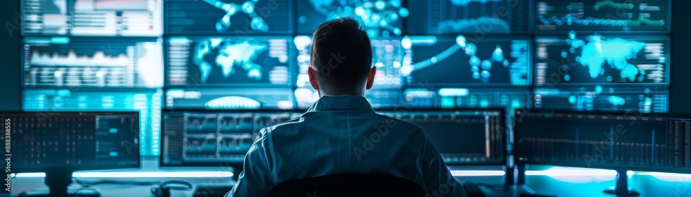 Back view of person monitoring multiple screens in a security control room, showcasing advanced technology and surveillance operations. Back view of person monitoring multiple screens in a security control room, showcasing advanced technology and surveillance operations.
