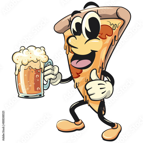 character of a slice pizza cartoon vector isolated clip art mascot illustration raising a large beer glass while giving a thumbs up, work of hand drawn