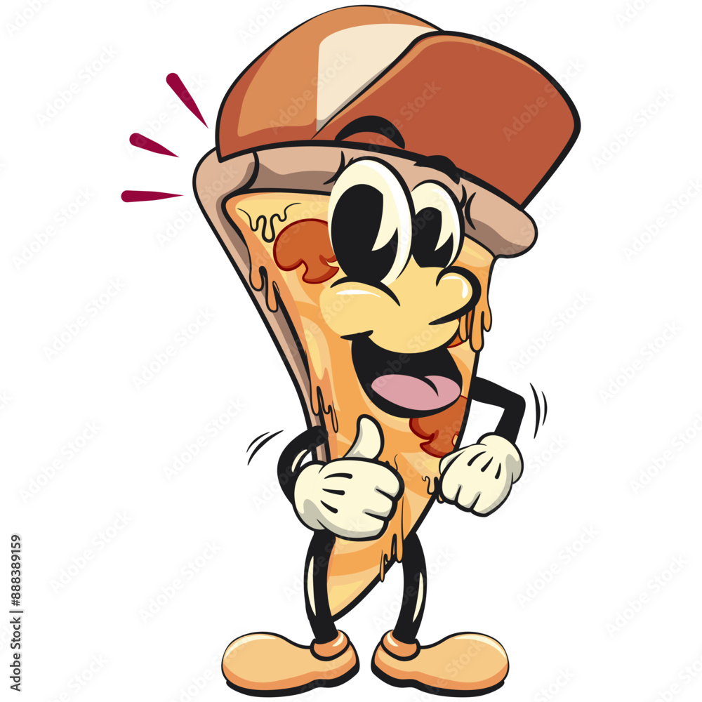 character of a slice pizza cartoon vector isolated clip art mascot illustration wearing a baseball cap while giving a thumbs up, work of hand drawn character of a slice pizza cartoon vector isolated clip art mascot illustration wearing a baseball cap while giving a thumbs up, work of hand drawn