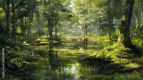 A tranquil forest landscape with a serene pond reflecting lush greenery under soft sunlight