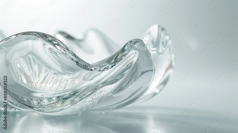 Elegant glass sculpture with flowing curves and intricate reflections on a smooth white background, creating a minimalist and modern aesthetic, perfect for interior decor or artistic presentations Elegant glass sculpture with flowing curves and intricate reflections on a smooth white background, creating a minimalist and modern aesthetic, perfect for interior decor or artistic presentations