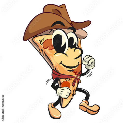 character of a slice pizza cartoon vector isolated clip art mascot illustration as cowboy, work of hand drawn