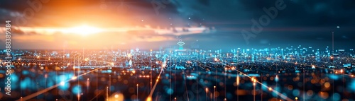 Bright cityscape at dusk with glowing skyline and illuminated buildings, capturing urban beauty and futuristic ambiance.