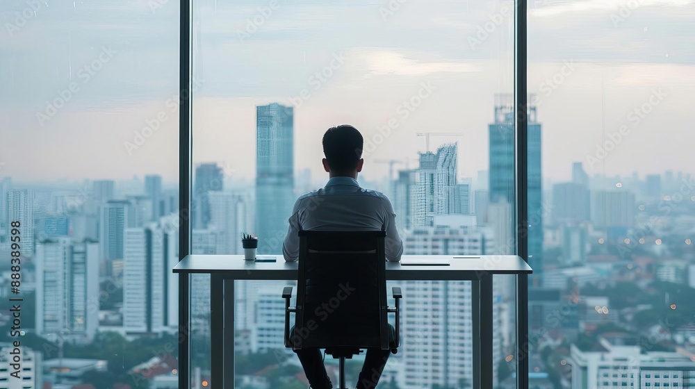 Businessman looking out office window at city skyline, contemplating future opportunities and challenges in urban environment Businessman looking out office window at city skyline, contemplating future opportunities and challenges in urban environment