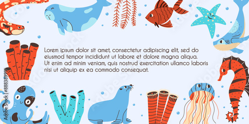 Frame with sea animals. Banner wit cartoon baby marine characters. Vector doodle illustration with sea life elements.