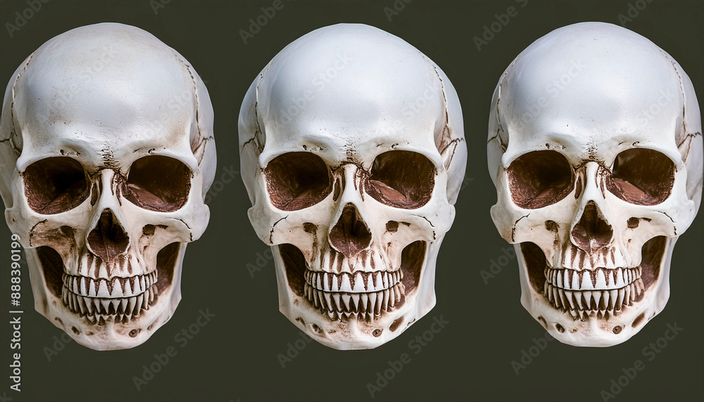Presentation of three human skulls