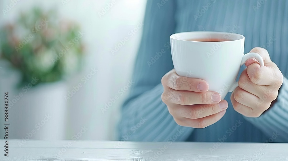 Close-up of person holding a white ceramic coffee cup with both hands, wearing a blue sweater. Relaxing and cozy moment at home. Close-up of person holding a white ceramic coffee cup with both hands, wearing a blue sweater. Relaxing and cozy moment at home.
