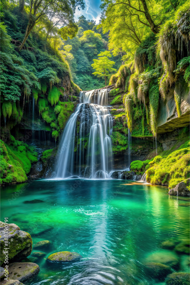 Fototapeta premium .Captivating waterfall in a lush forest. Digital art ideal for spa settings, wellness apps, environmental projects and eco-tourism brochures.