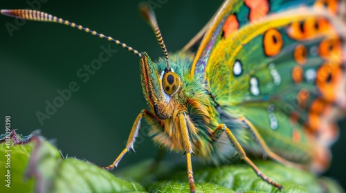 A Close-Up View of a Green and Orange Butterfly Perched on a Leaf