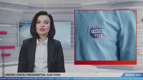 Female anchor in news studio reports live news about Presidential Election Day in the United States. Video story shows highlights from polling station. Playback of TV broadcast for political program. photo