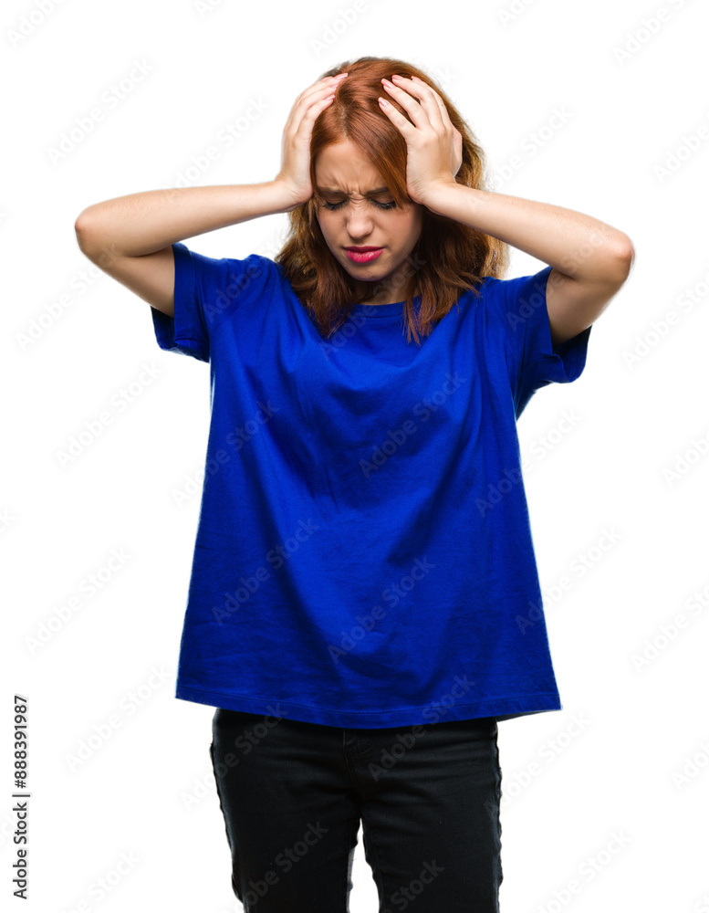 Young beautiful woman over isolated background suffering from headache desperate and stressed because pain and migraine. Hands on head.