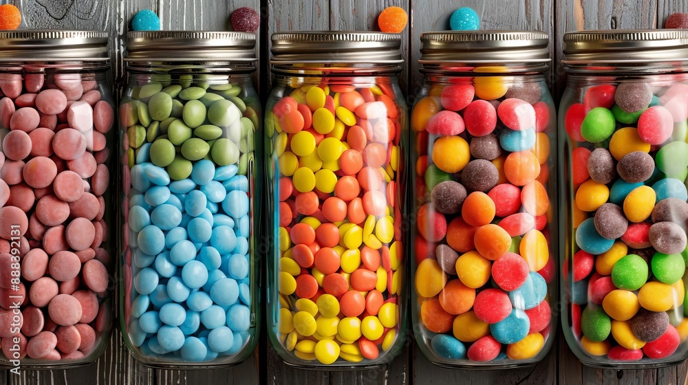 Colorful candies in glass jars on wooden table, showcasing vibrant mixed candy assortment, perfect for party favors or candy shops. Colorful candies in glass jars on wooden table, showcasing vibrant mixed candy assortment, perfect for party favors or candy shops.