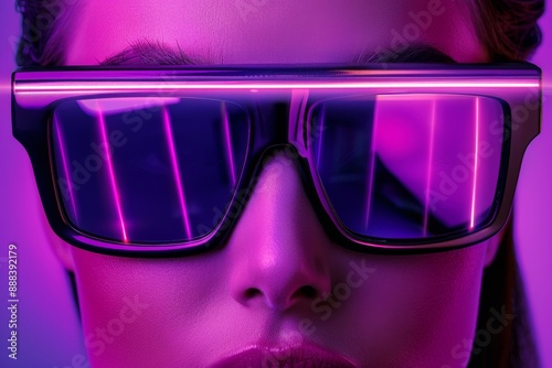 Futuristic closeup of a person with neon purple goggles set against a dark background highlighting advanced technology bold style and modern aesthetics