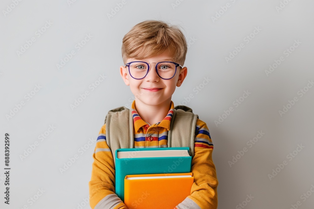 Smiling schoolboy with glasses holding books in hands, education concept Smiling schoolboy with glasses holding books in hands, education concept