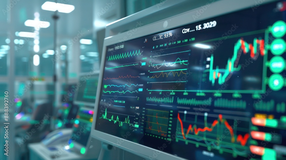 financial health monitor displaying the vital signs of an economy with graphs and indicators in a hospital-like setting