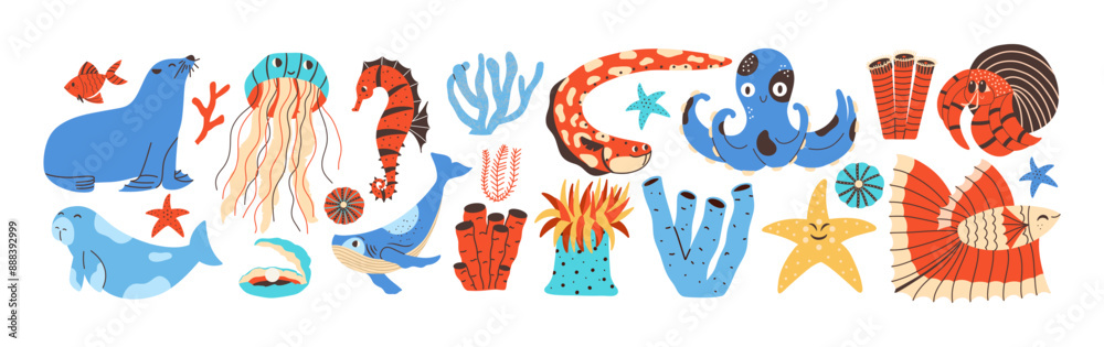 Cute happy hand draw sea animals. Baby ocean characters. Cartoon set with electric eel, hermit crab, sea cow, fish. Vector collection. Cute happy hand draw sea animals. Baby ocean characters. Cartoon set with electric eel, hermit crab, sea cow, fish. Vector collection.