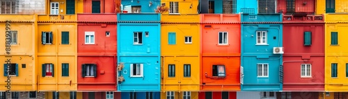 Colorful residential building facade with vibrant doors and windows, displaying a range of vivid hues in an urban setting.