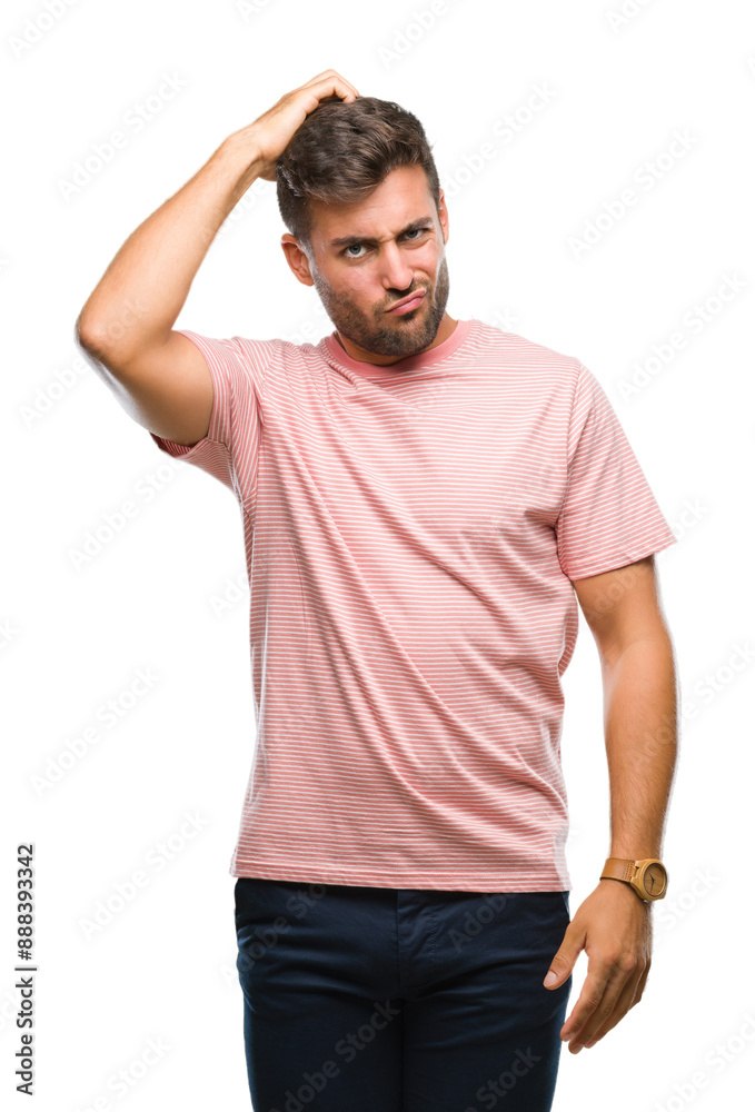 Young handsome man over isolated background confuse and wonder about question. Uncertain with doubt, thinking with hand on head. Pensive concept. Young handsome man over isolated background confuse and wonder about question. Uncertain with doubt, thinking with hand on head. Pensive concept.