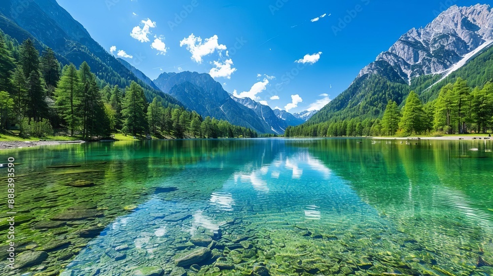 Crystal clear lake surrounded by lush green forest and majestic mountains under a bright blue sky with fluffy white clouds. Crystal clear lake surrounded by lush green forest and majestic mountains under a bright blue sky with fluffy white clouds.