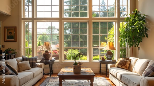 Contemporary living room with traditional window