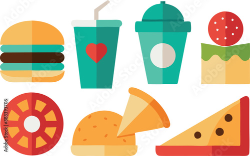 Assorted food and drink icons with various items