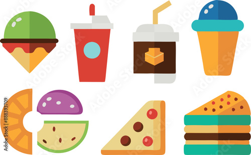 Colorful food and beverage icons with different items