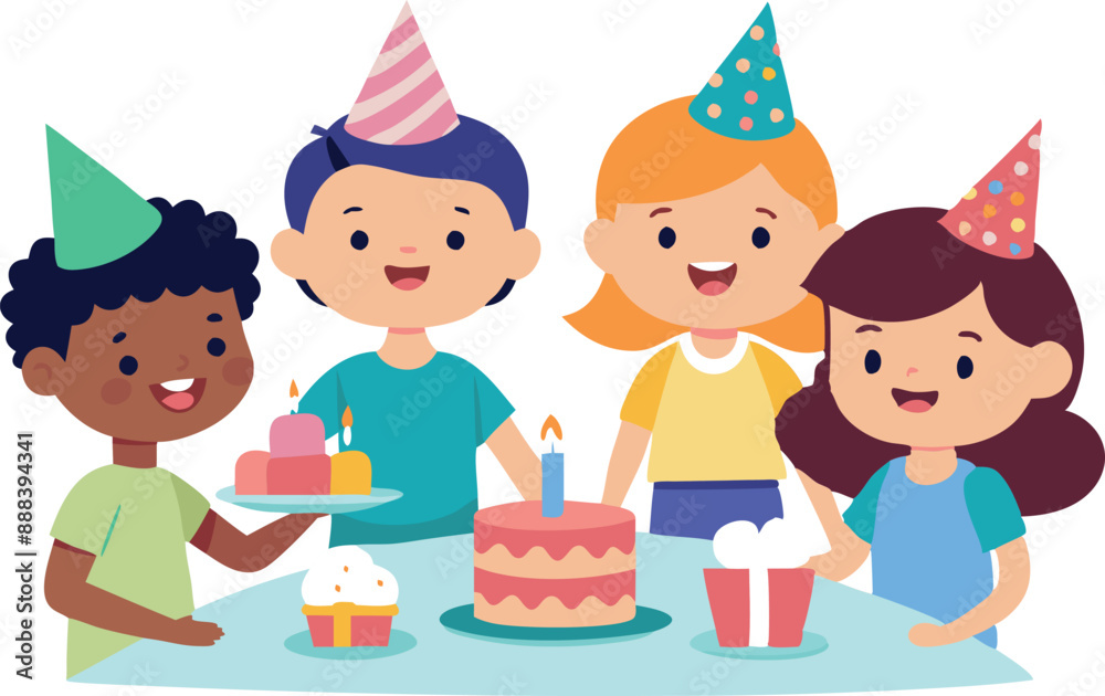 Kids celebrating a birthday with cake and party hats