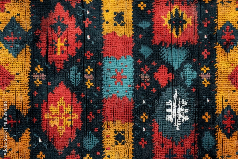 Colorful and intricate geometric shapes and patterns in a traditional oriental rug with a dark background Colorful and intricate geometric shapes and patterns in a traditional oriental rug with a dark background