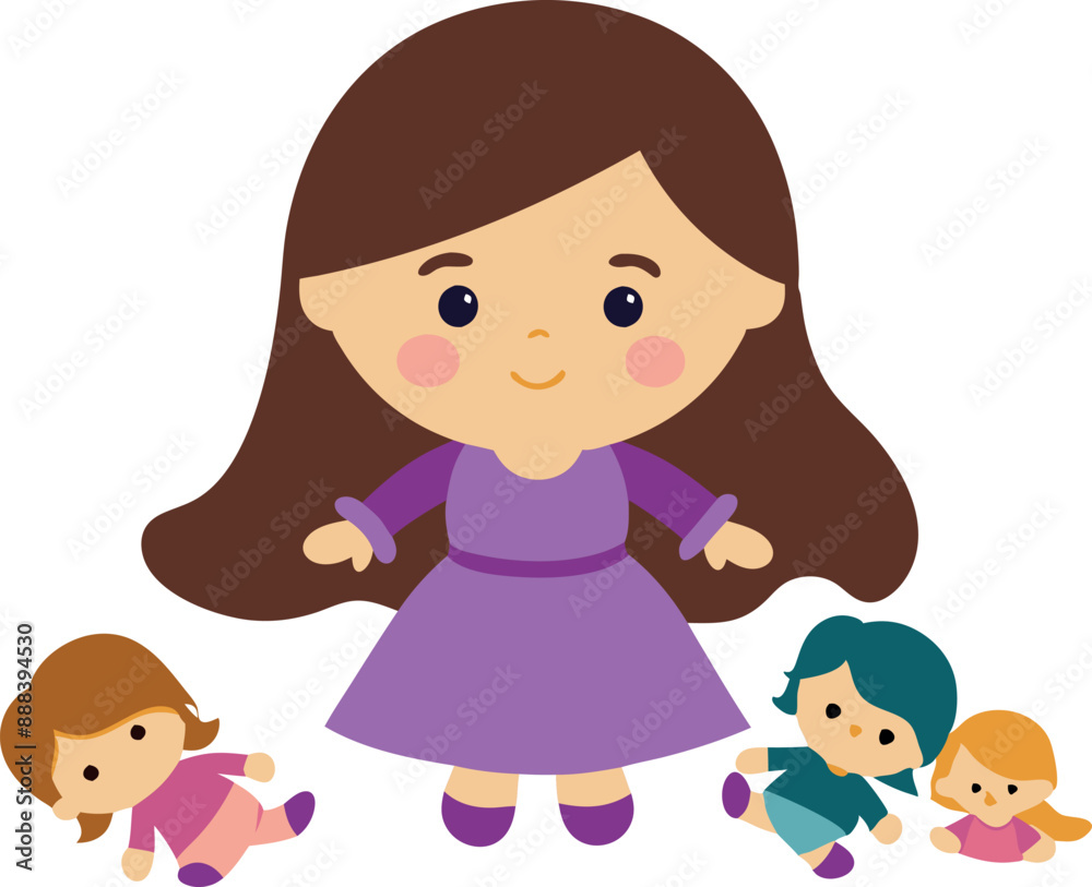 Little girl playing with dolls in purple dress Little girl playing with dolls in purple dress