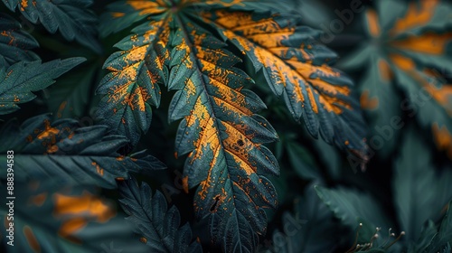 Leaf miner on cannabis leaves, Agricultural pests and plant deseases with black and dark background photo