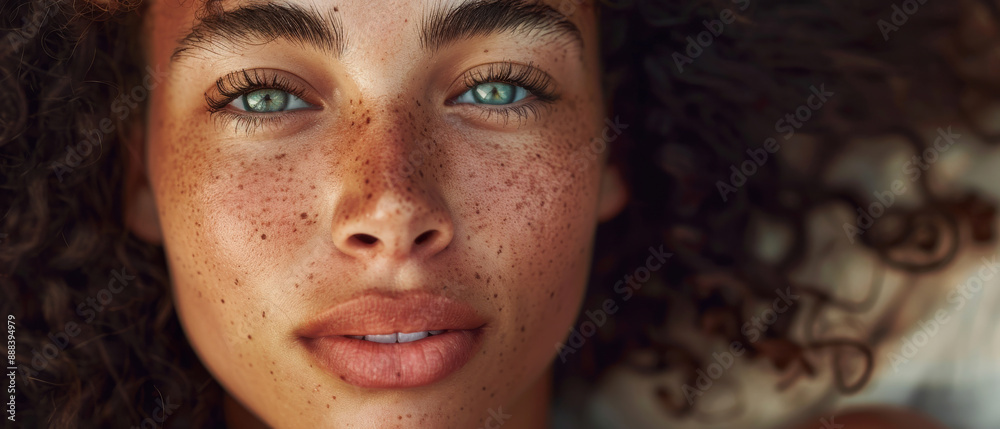 A close-up portrait of a woman with curly hair and freckles, looking directly into the camera with piercing blue eyes and a serene expression. A close-up portrait of a woman with curly hair and freckles, looking directly into the camera with piercing blue eyes and a serene expression.