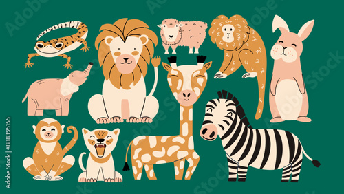 Set of vector different cute children's different animals. Modern wildlife characters. Giraffe, monkey, zebra, lion, ram, hare, lizard.