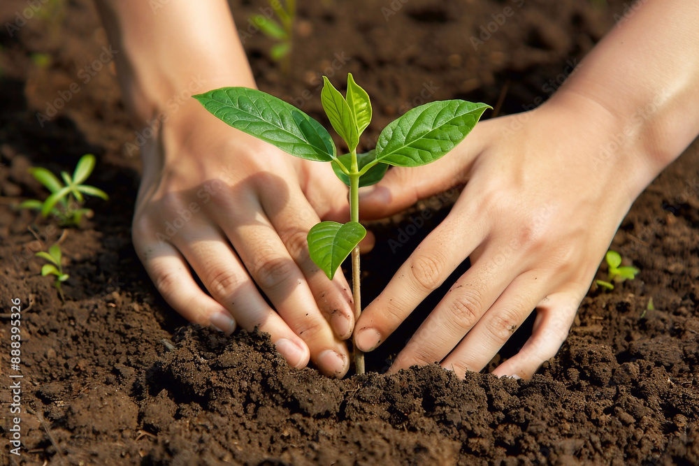 Young woman's hands carefully plant a green plant in fertile soil on a sunny day, close-up. Caring for nature and the importance of restoring green spaces for ecology. Young woman's hands carefully plant a green plant in fertile soil on a sunny day, close-up. Caring for nature and the importance of restoring green spaces for ecology.