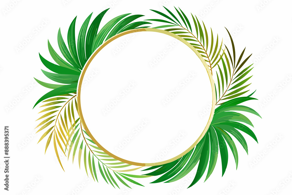 A golden circular frame decorated with various green leaves is centered A golden circular frame decorated with various green leaves is centered