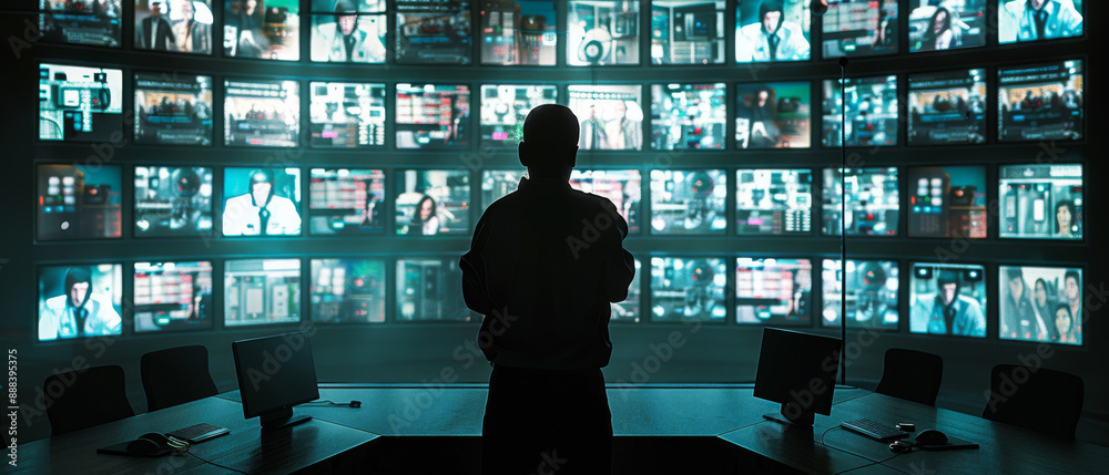 A man stands resolutely in a large control room with multiple monitors, representing the complexity and vigilance required in surveillance. A man stands resolutely in a large control room with multiple monitors, representing the complexity and vigilance required in surveillance.