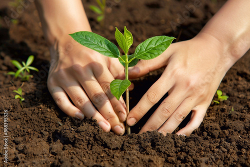 Young woman's hands carefully plant a green plant in fertile soil on a sunny day, close-up. Caring for nature and the importance of restoring green spaces for ecology.