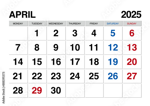 2025年4月のカレンダー日曜始まり日本の祝日表記有り

