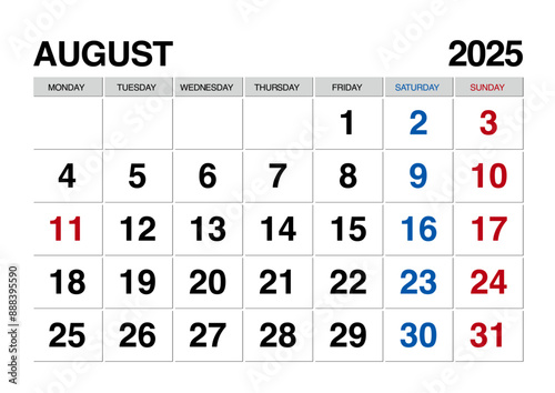 2025年8月のカレンダー日曜始まり日本の祝日表記有り
